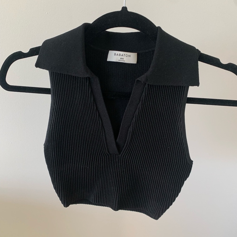 Aritzia Babaton Polo Collar Knit Ribbed V Neck Tank Top Size XXS Black